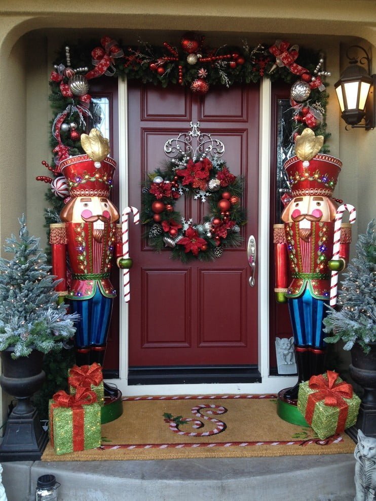 A Stunning Dark Red Door, Guarded By Nutcrackers