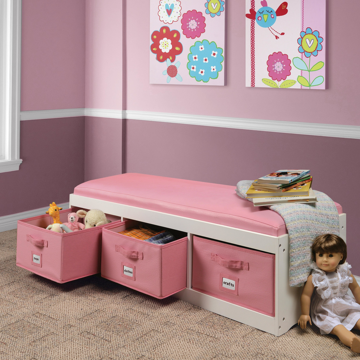 pink toy box bench