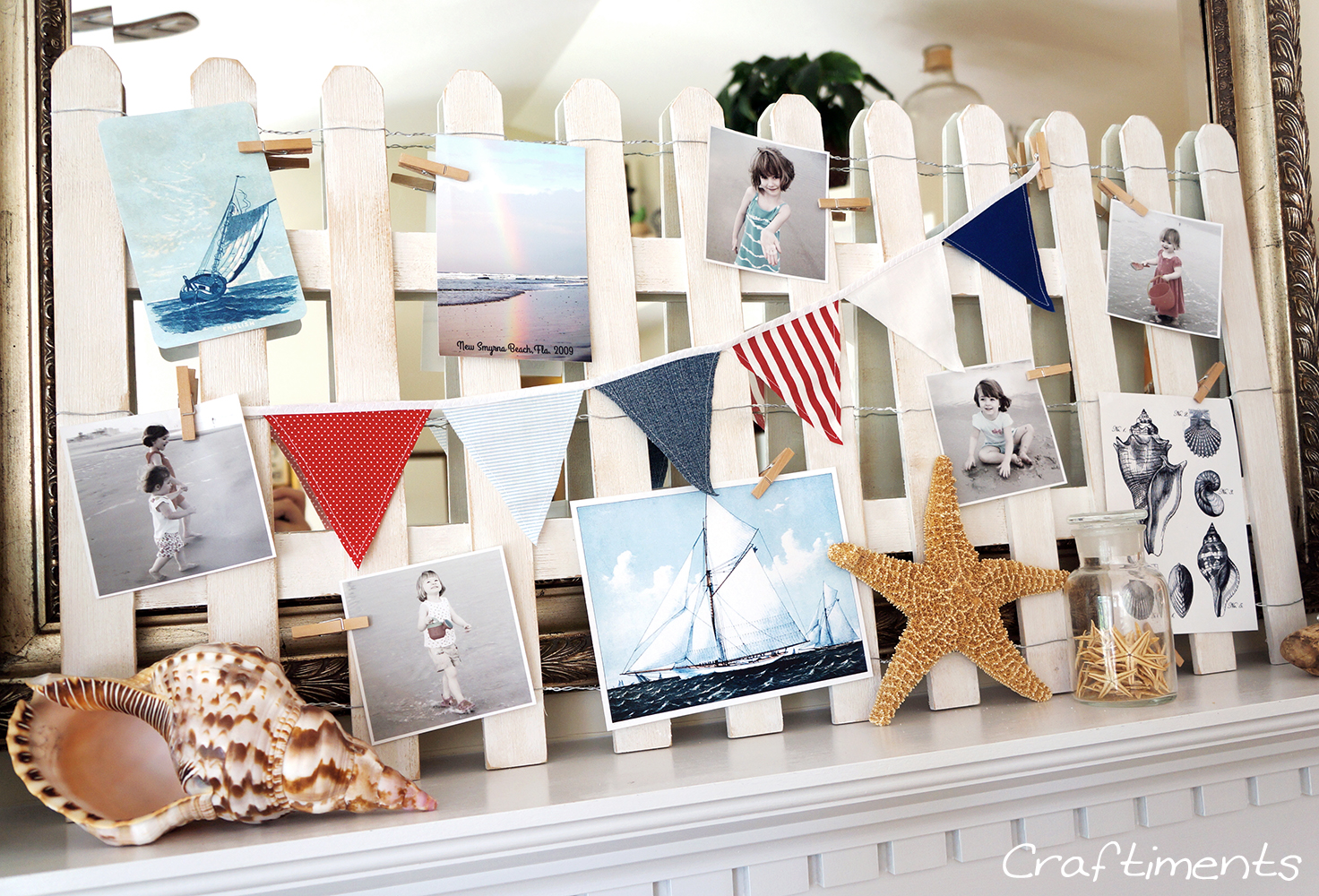 Photo garlands and summer mantel