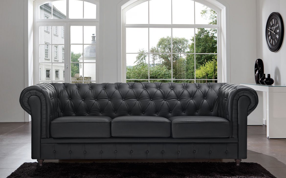 Classic Scroll Arm Tufted Button Leather Chesterfield Sofa