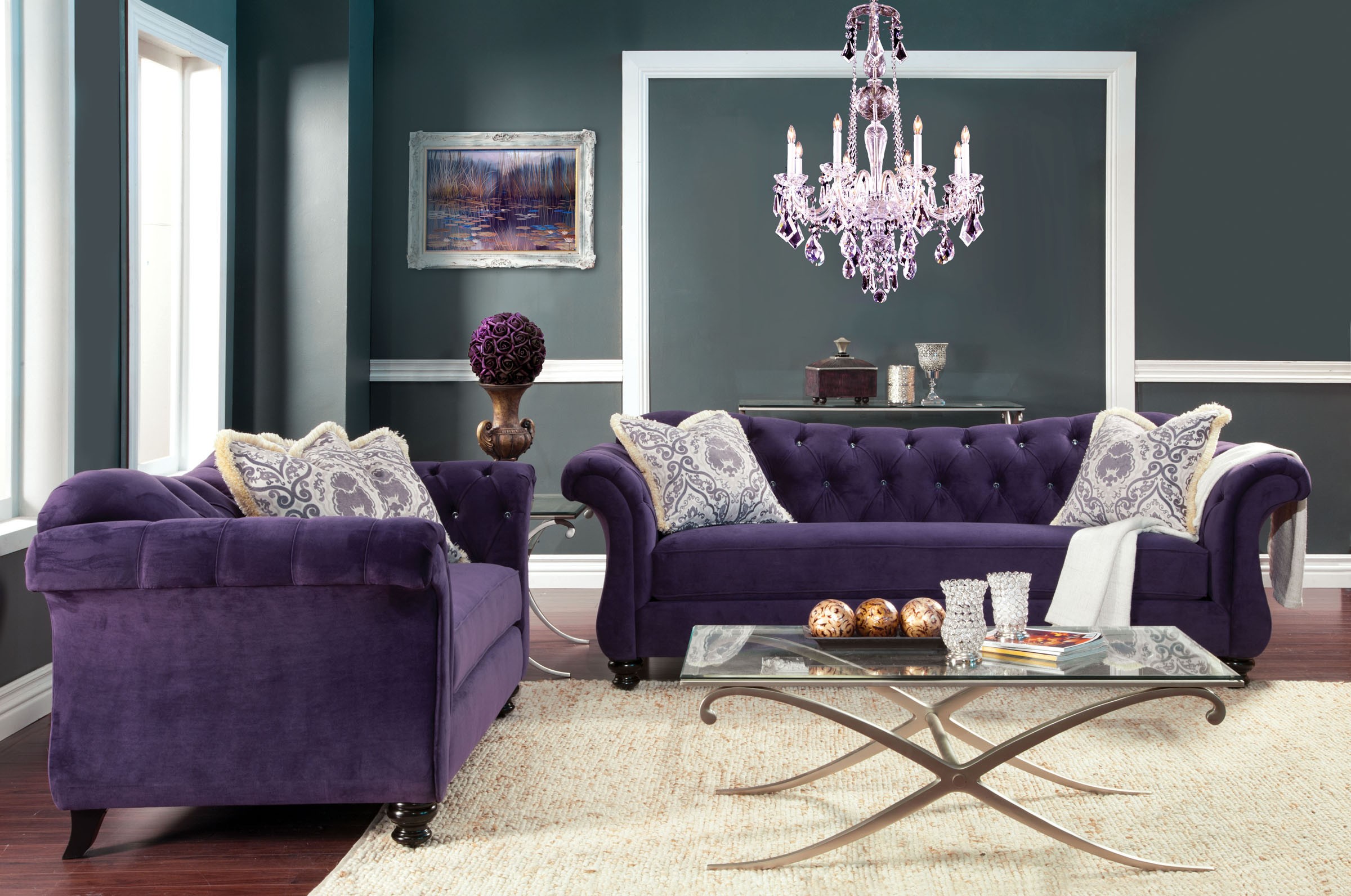 2 Piece Antoinette Collection Purple Chesterfield Love Seat and Sofa Set