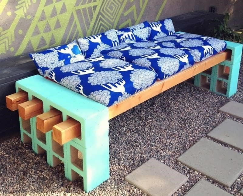 Upcycled Painted Cinder Block Cushioned Bench