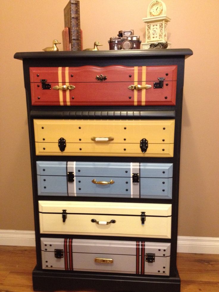 Bureau With Drawers Painted to Look Like Vintage Luggage