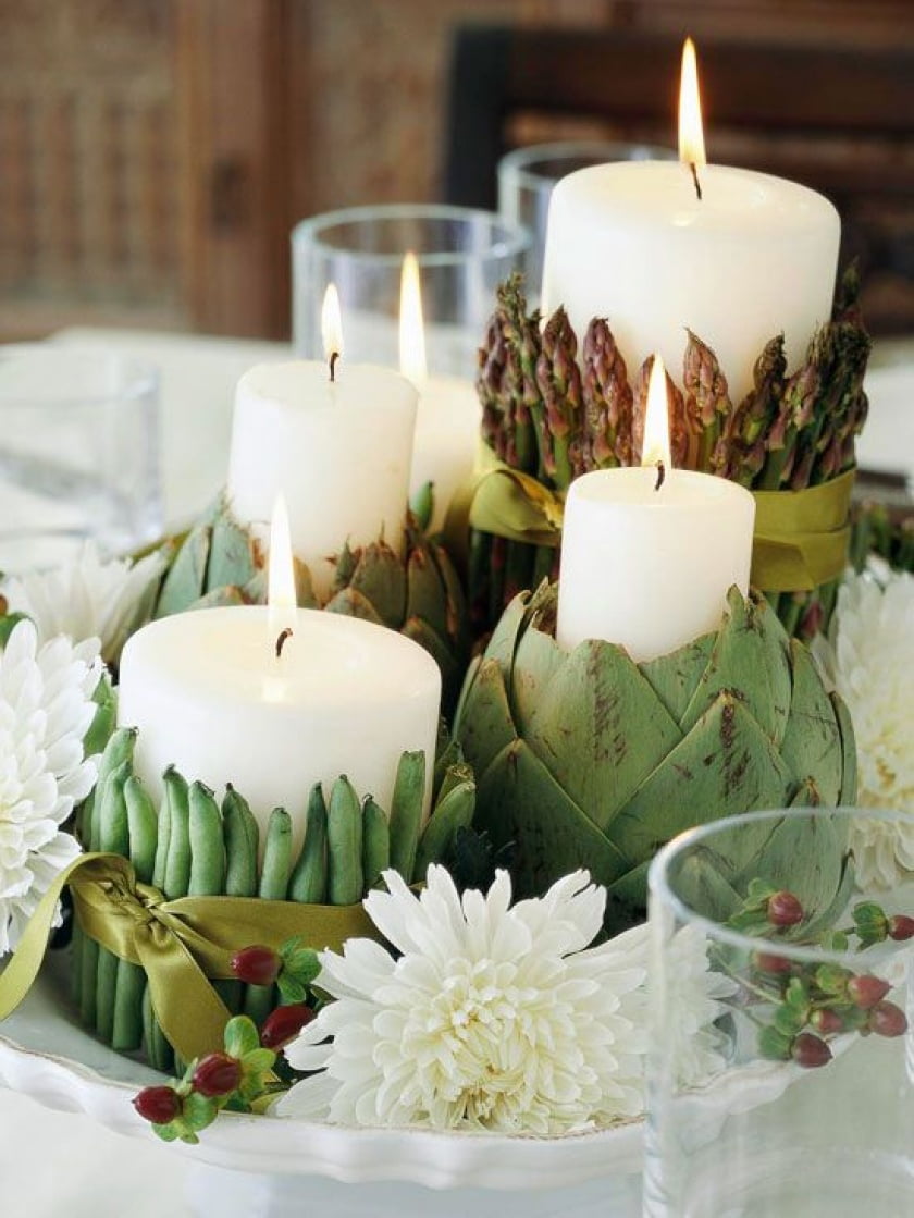 DIY Fall Centerpieces: Green Vegetable Candleholders with White Mums