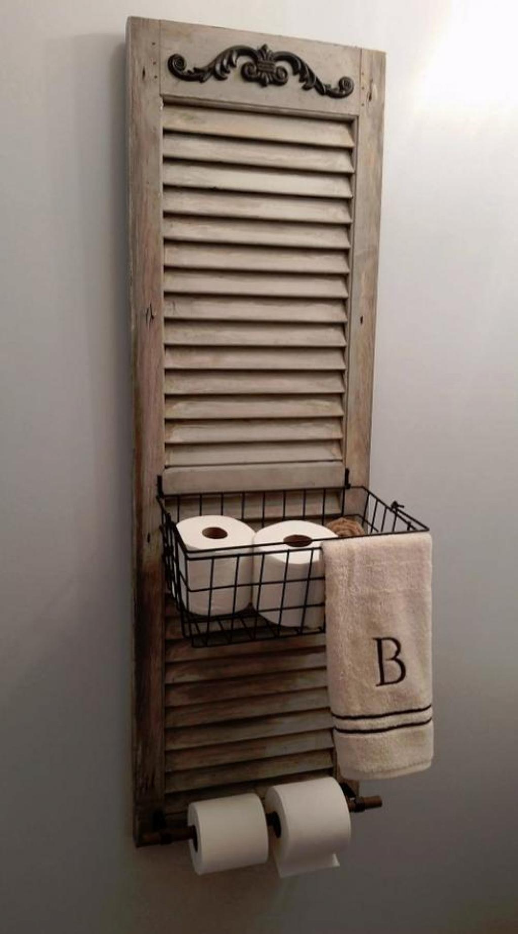Whitewashed Shutter Storage Basket and Toilet Paper Dispenser