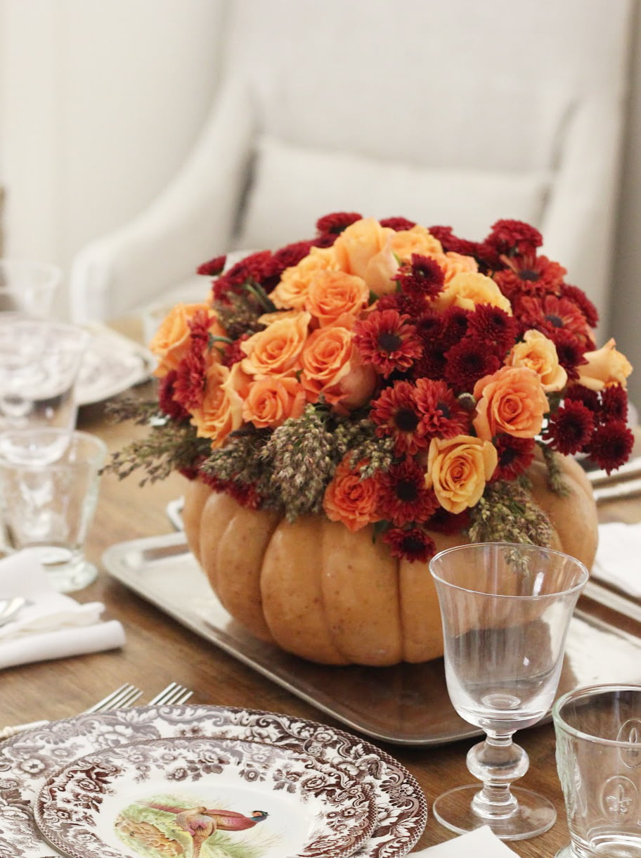 Fall Centerpiece Idea: Mums and Roses in a Rustic Gourd Vase
