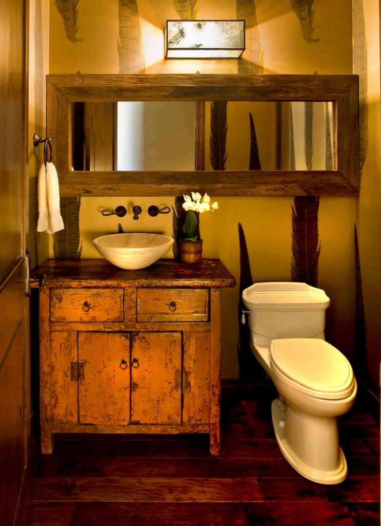 Distressed Vanity Cabinet and Wood-framed Mirror