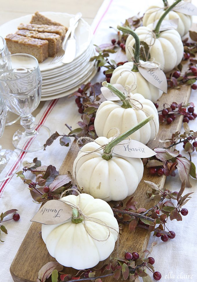 Minimalist White Pumpkin and Foliage Runner for Dinner Table