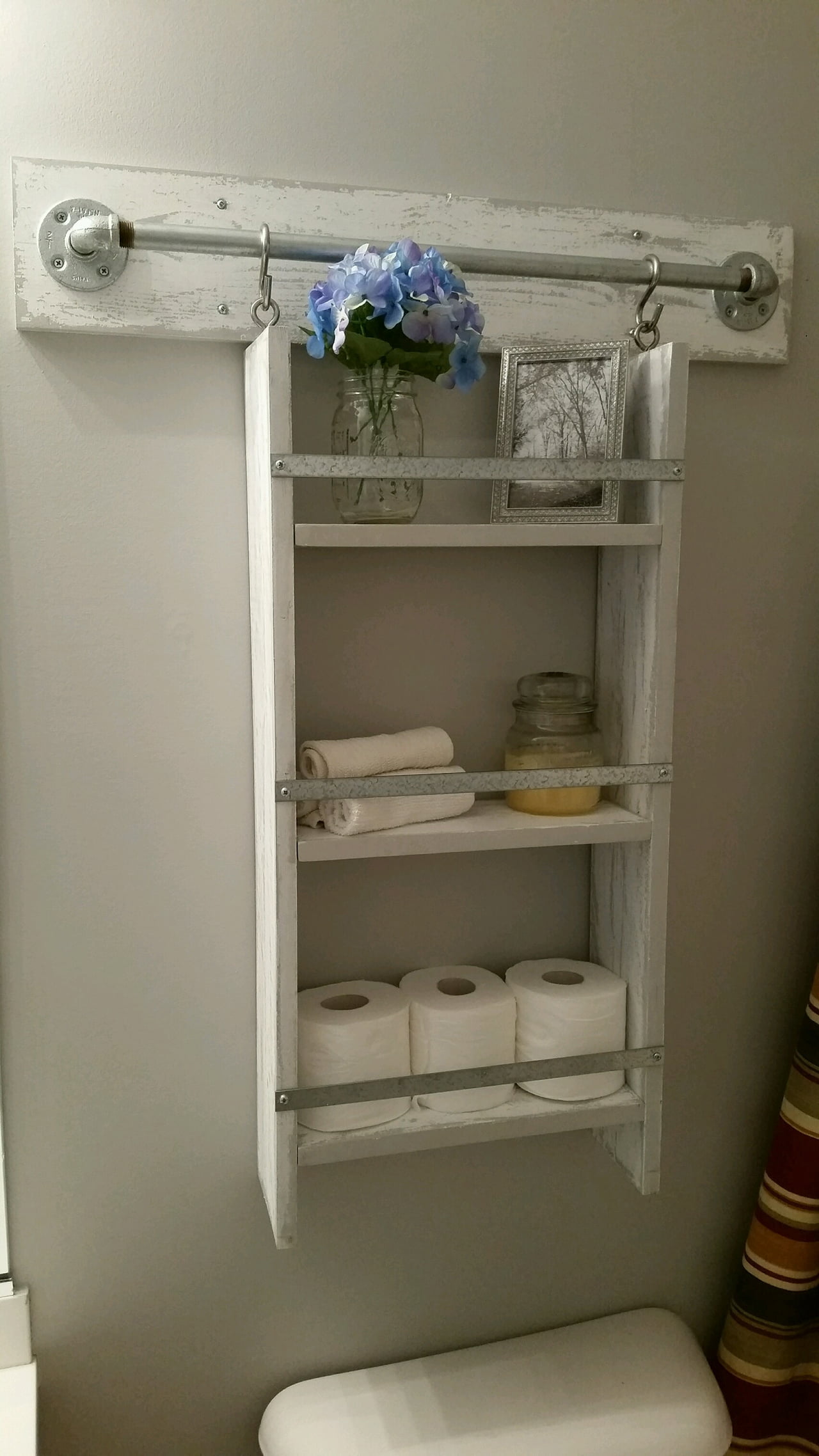 Whitewashed Storage Rack with Towel Bar Hooks