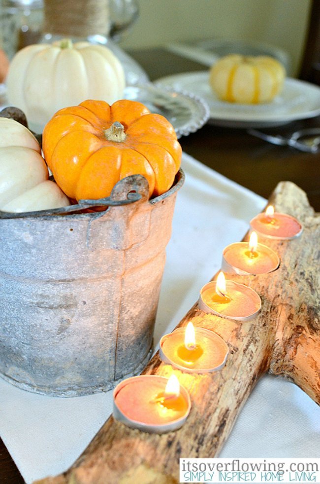 Galvanized Gourd Buckets with Tree Branch Votive Holder for Dinner Table