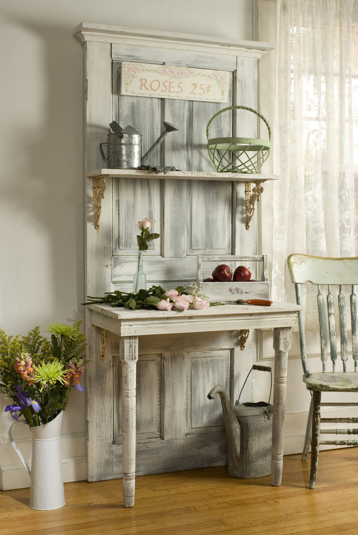 Cottage Chic Shelving on a Whitewashed Door