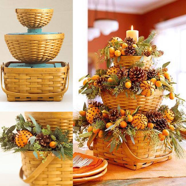Festive Baskets with Pinecones and Pine are Great Fall Centerpieces - 65+ Fall Decorating Inspiration