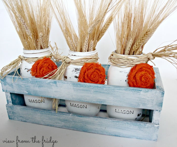 Chalk Painted Crate and Jars with Wheat Stalks Fall Centerpieces