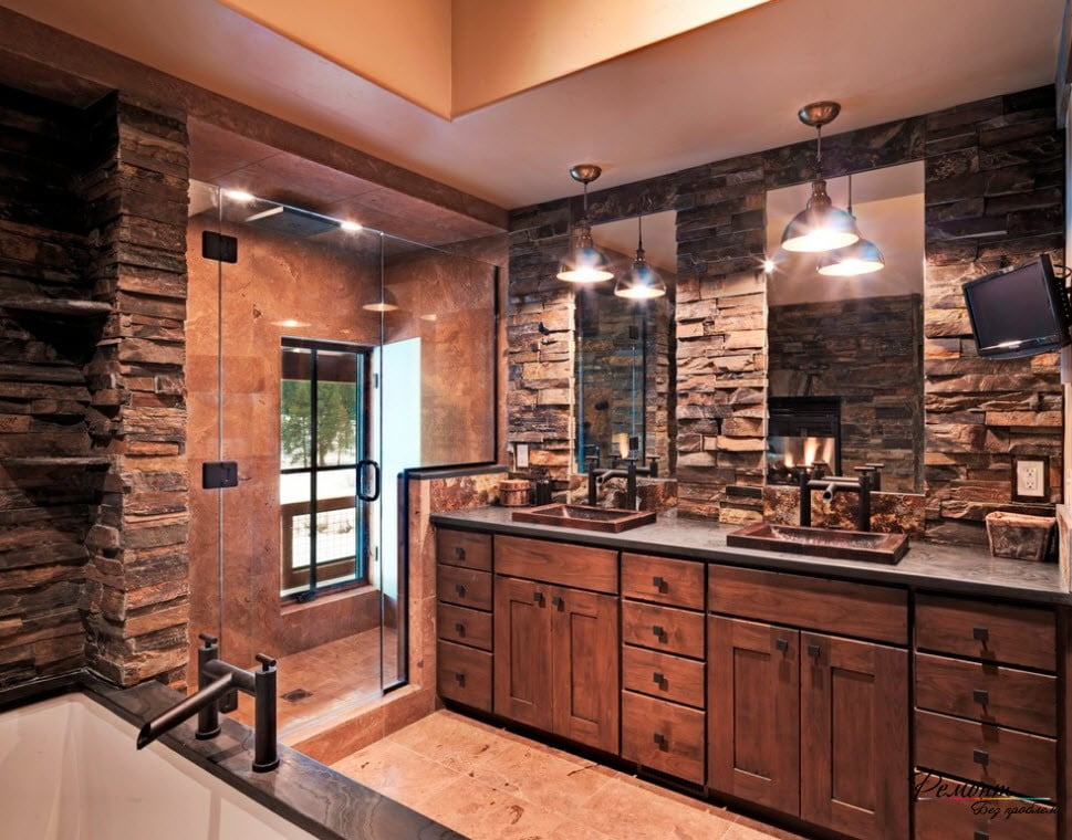 Masculine Bath with Dark Stone and Walk-in Shower