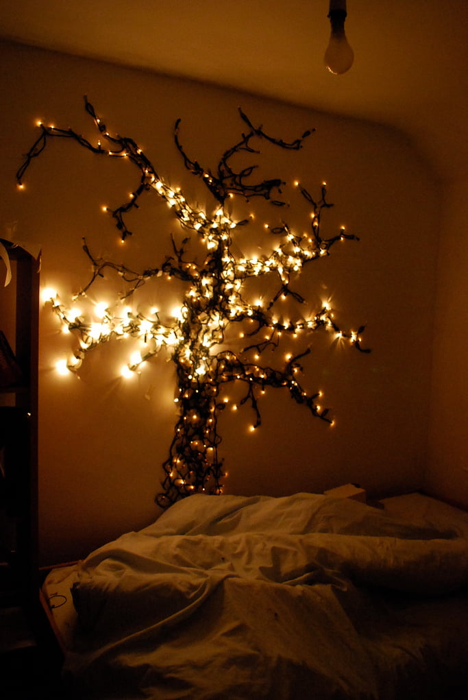 christmas lights over bed