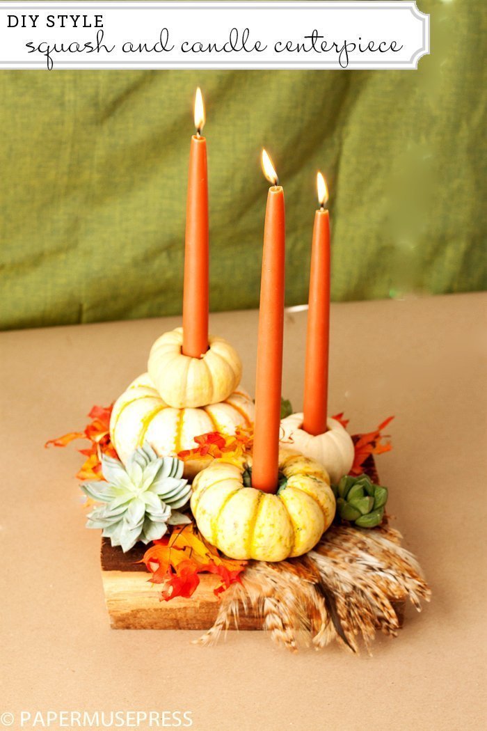 Mini-gourd Candlesticks with Fall Foliage and Succulents