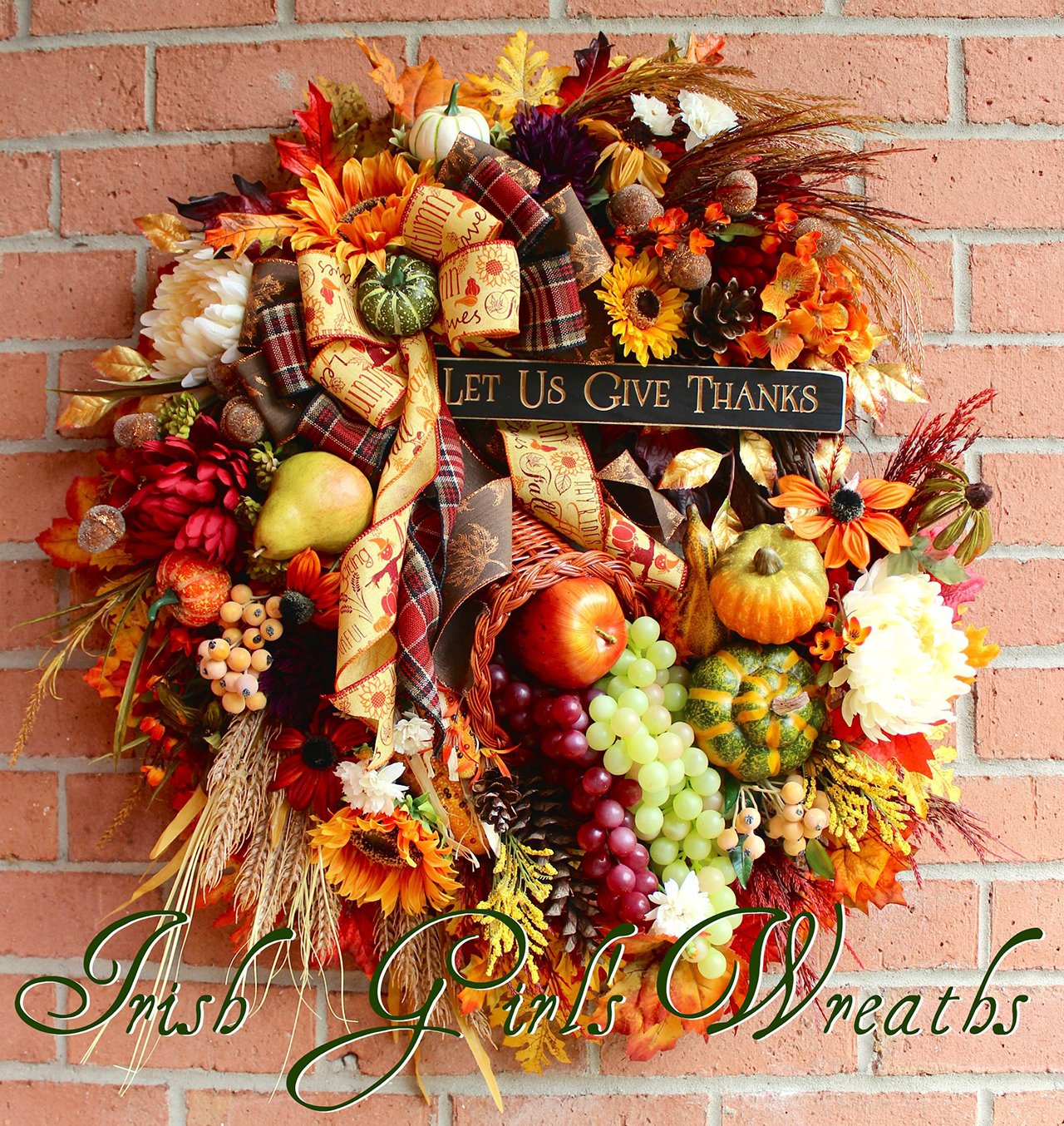 Gorgeous Wreath with Ribbon, Flowers, Leaves and Gourds