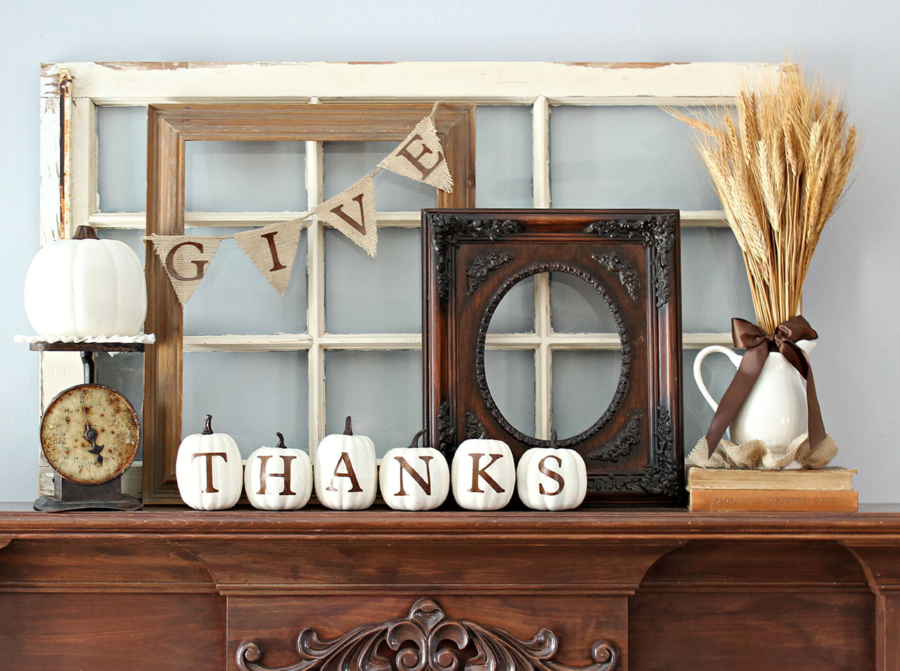 Mantel Decor with Burlap Bunting and White Pumpkins