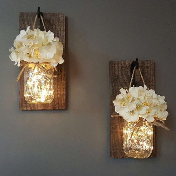 Set Of 2 Hanging Mason Jar Sconces With Hydrangeas