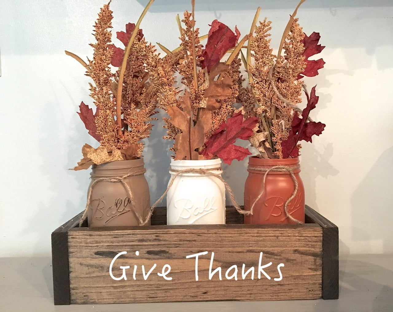 Painted Mason Jar Crate with Hand-tied Fall Foliage Bouquets