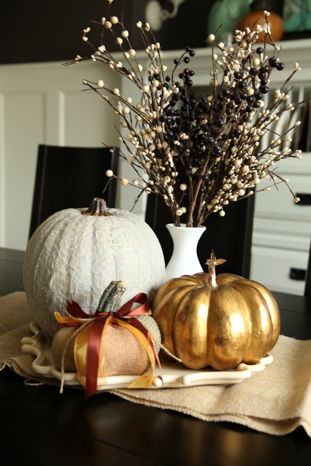 Elegant Gourd and Willow Bough Centerpiece with Burlap Runner