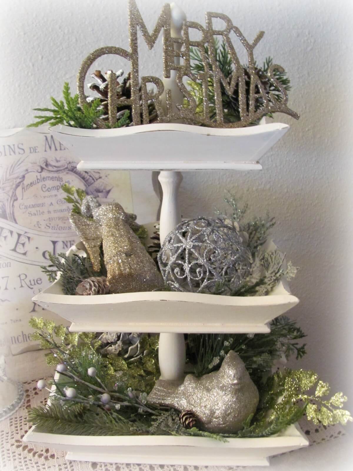 White Wooden Stand With Faux Greenery And Glittered Accents