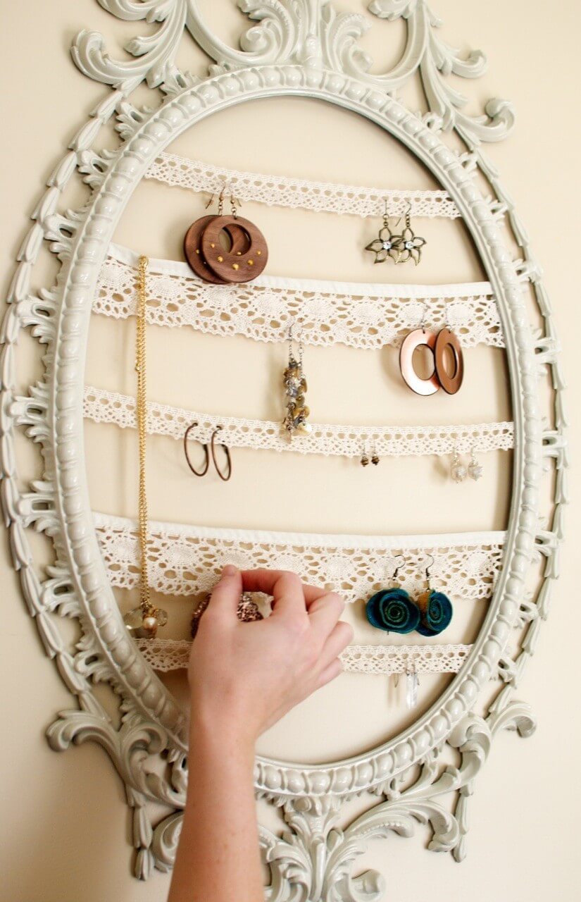 Vintage Frame And Lace Trim Jewelry Organizer