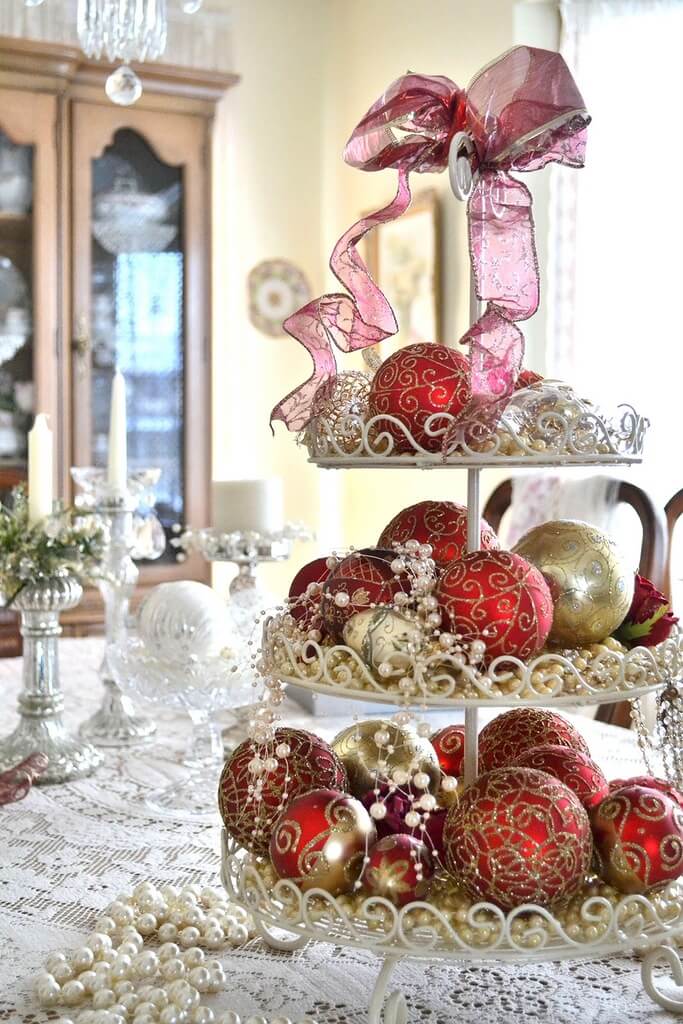 Scroll-worked Dessert Caddy And Matching Ornaments In Red And Gold