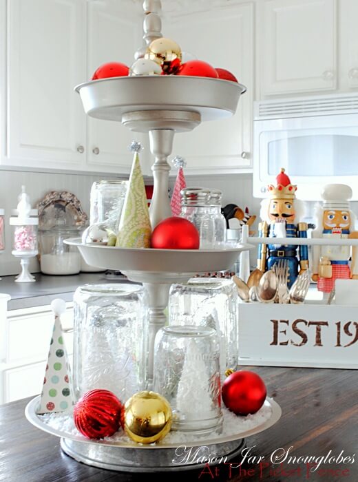 Mason Jar Snow Globes On A Three-tiered Tray