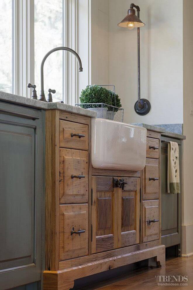 Porcelain Farmhouse Sink in Vintage Cabinet