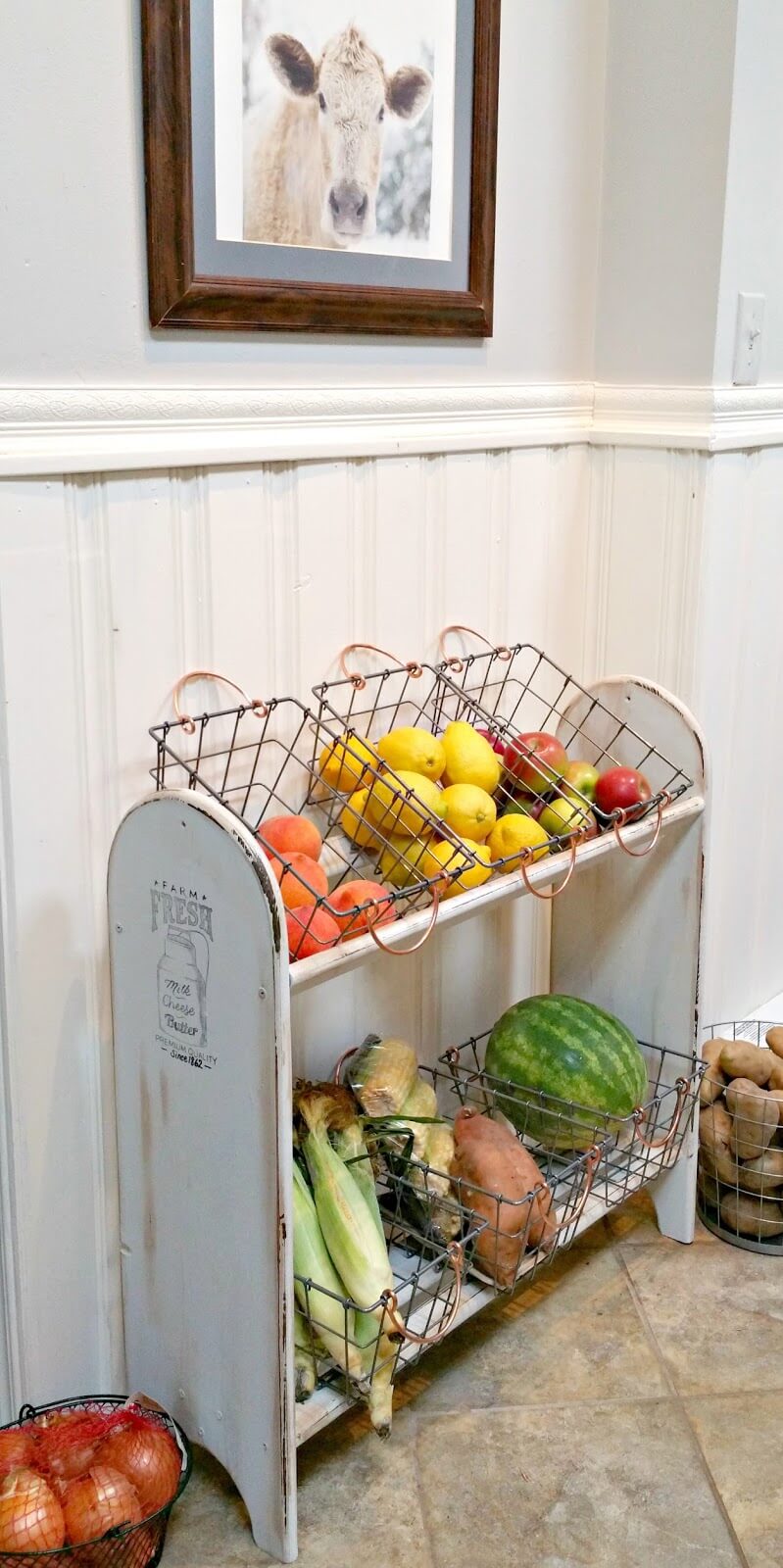 Antique Produce Shelf with Wire Baskets