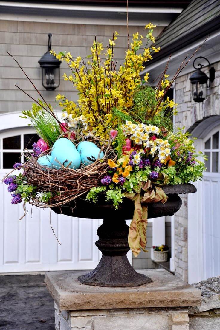 Floral Spring Planter with Bird Nest