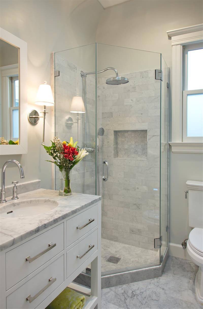 Calming White Marble Small Bathroom Design with Shower Door