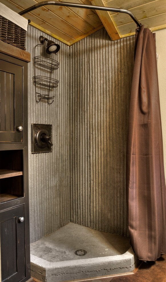 Masculine Corrugated Metal and Wood Shower Surround Interior Design