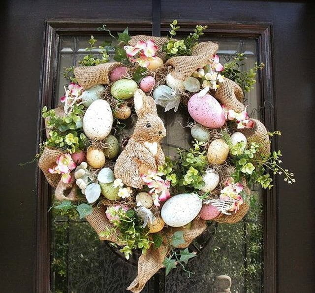 Pretty Burlap Easter Bunny and Eggs Wreath