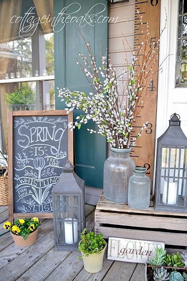 Lanterns, Chalkboard, and Antique Glass Porchscape