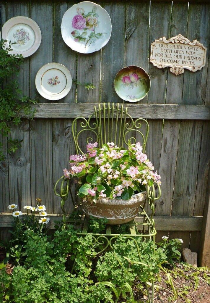 Antique Chair Planter Plus Vintage Plates