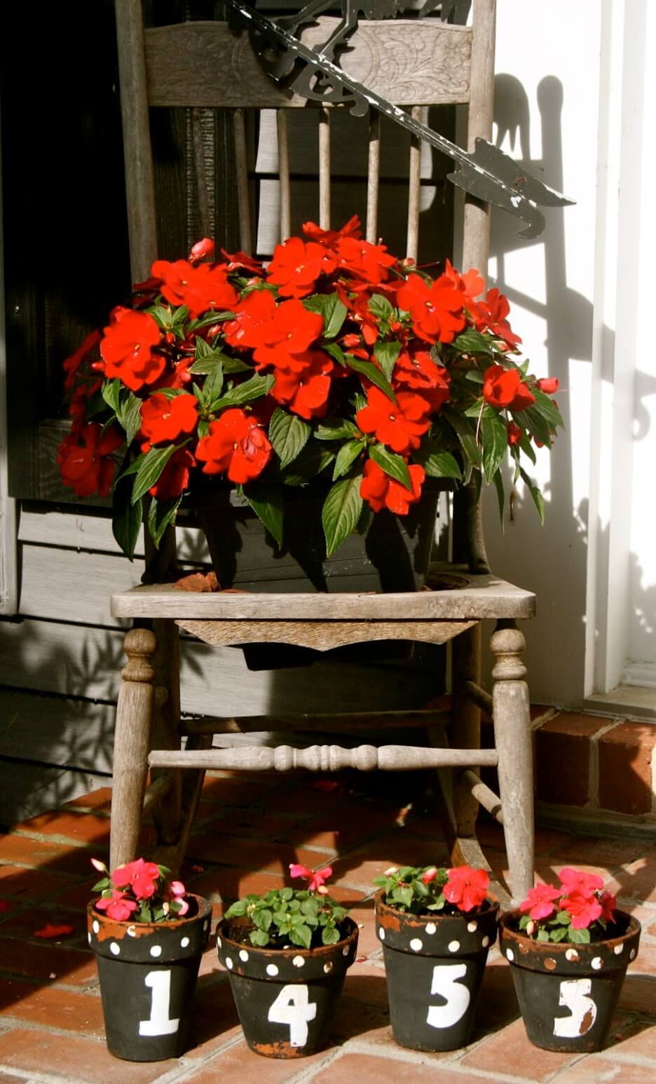 Antique Chair with House Number Front Door Flower Pots