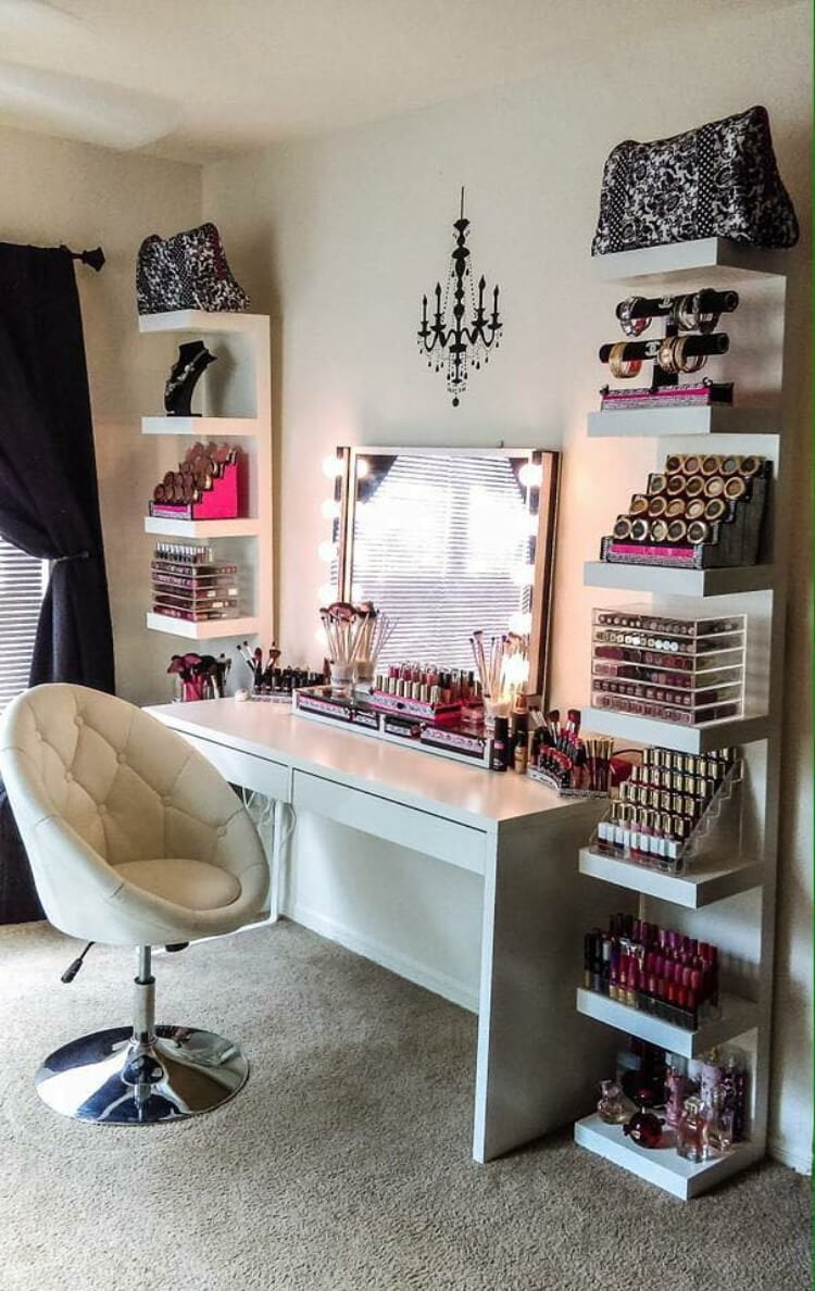Modern Glam Makeup Vanity and Storage Shelves