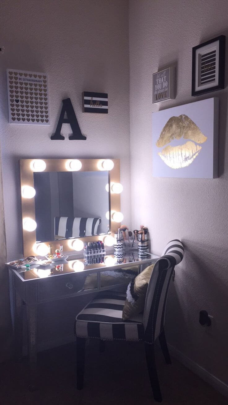 Black and Gold Vanity with Lighted Mirror