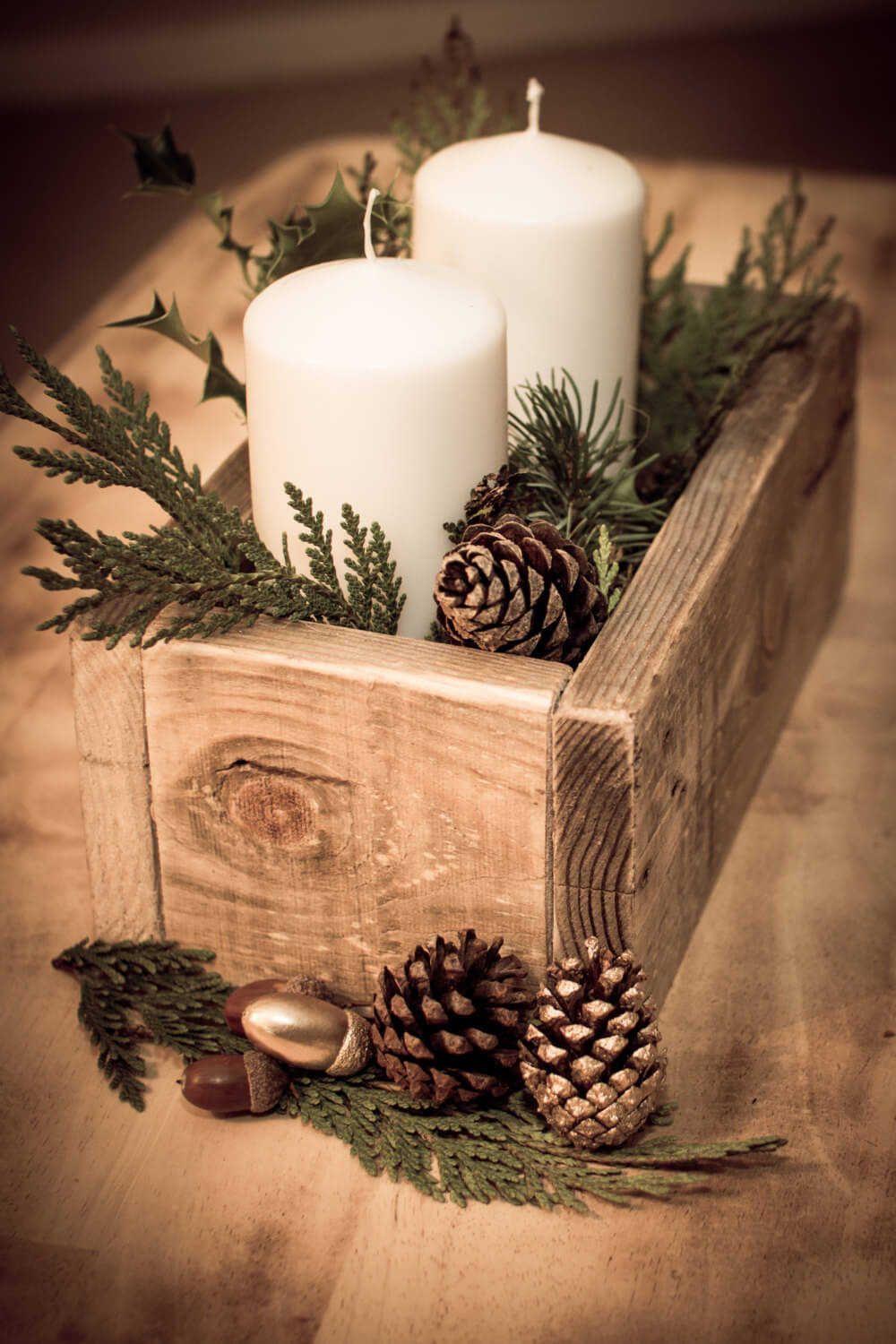 Wooden Box Centerpiece With Candles