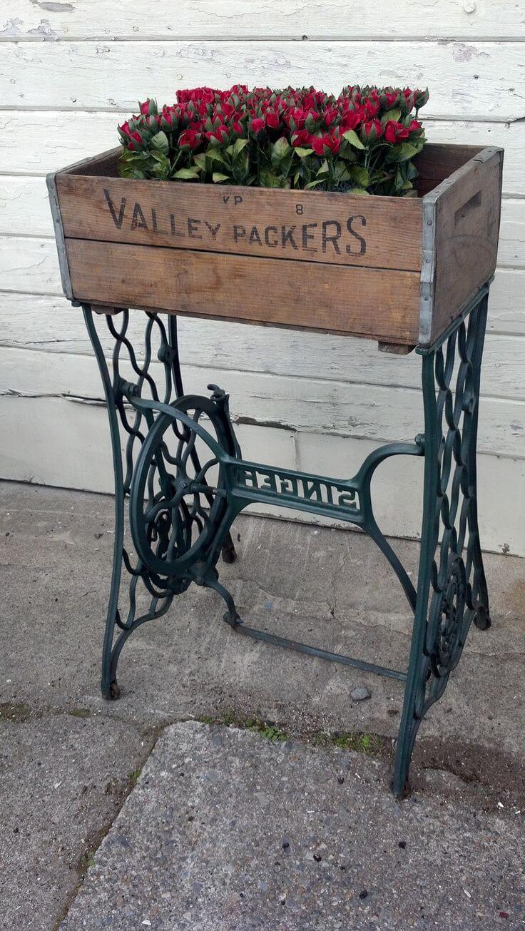 Repurposed Sewing Machine Flower Box