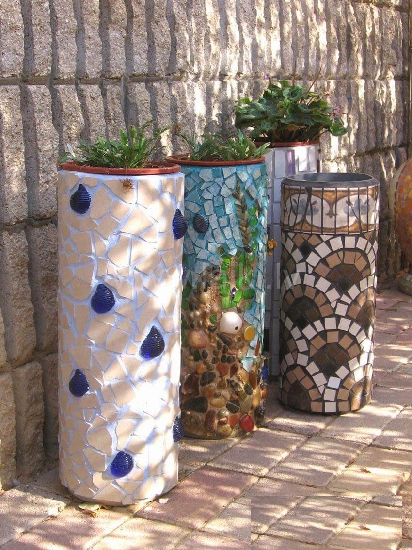 DIY Cylindrical Mosaic Garden Planters