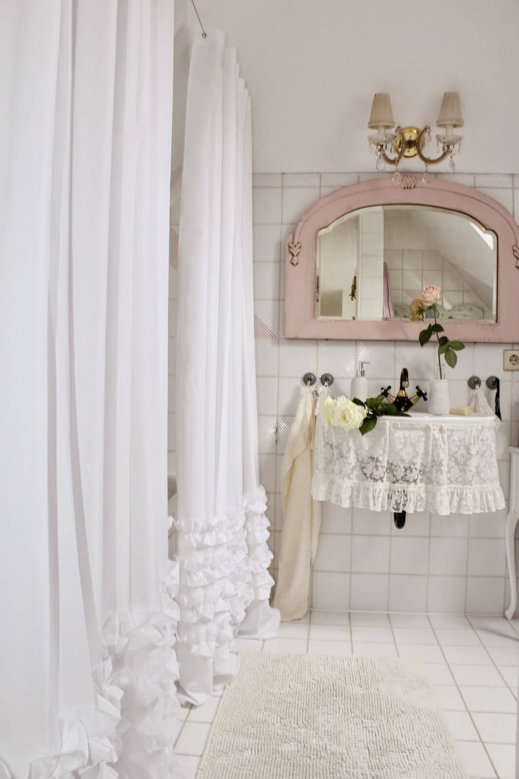 Pretty Ruffled Shower and Sink Curtains