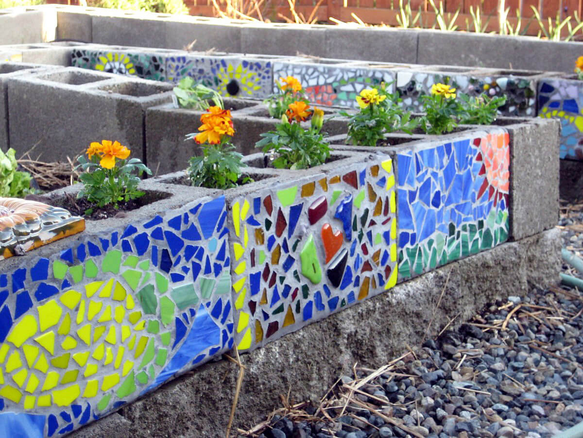 Mosaic Cinder Block Garden Planters