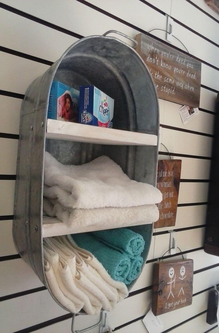 Repurposed Wash Tub Shelving Unit