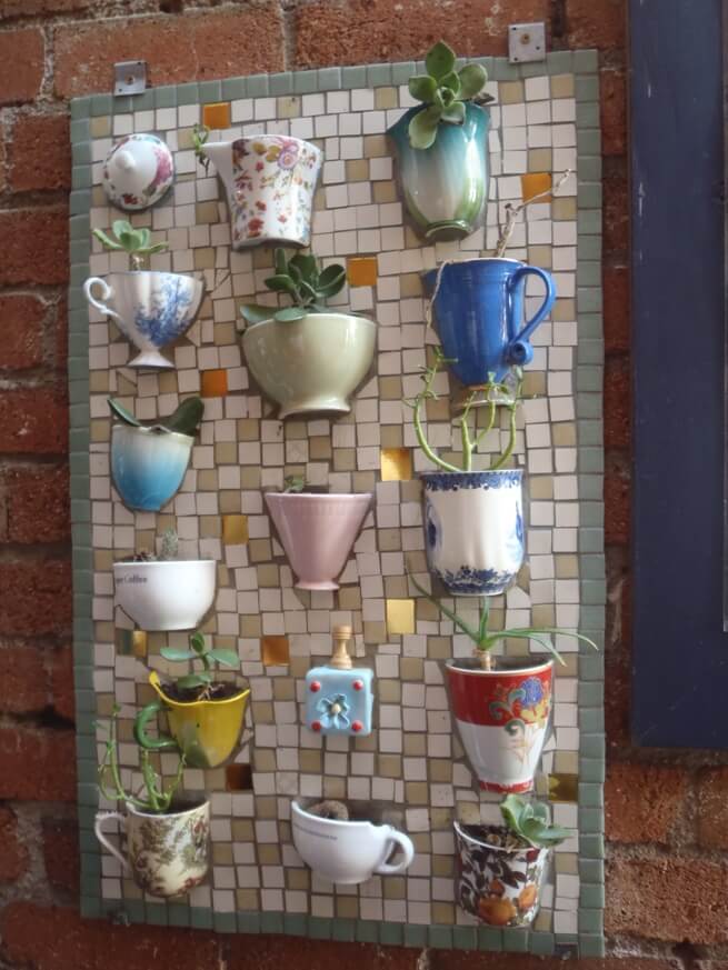 Repurposed Mosaic Tea Cup Planter