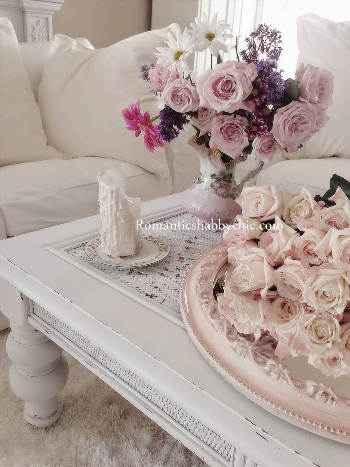 Lace-topped Table Featuring Shabby-chic Country Bouquets