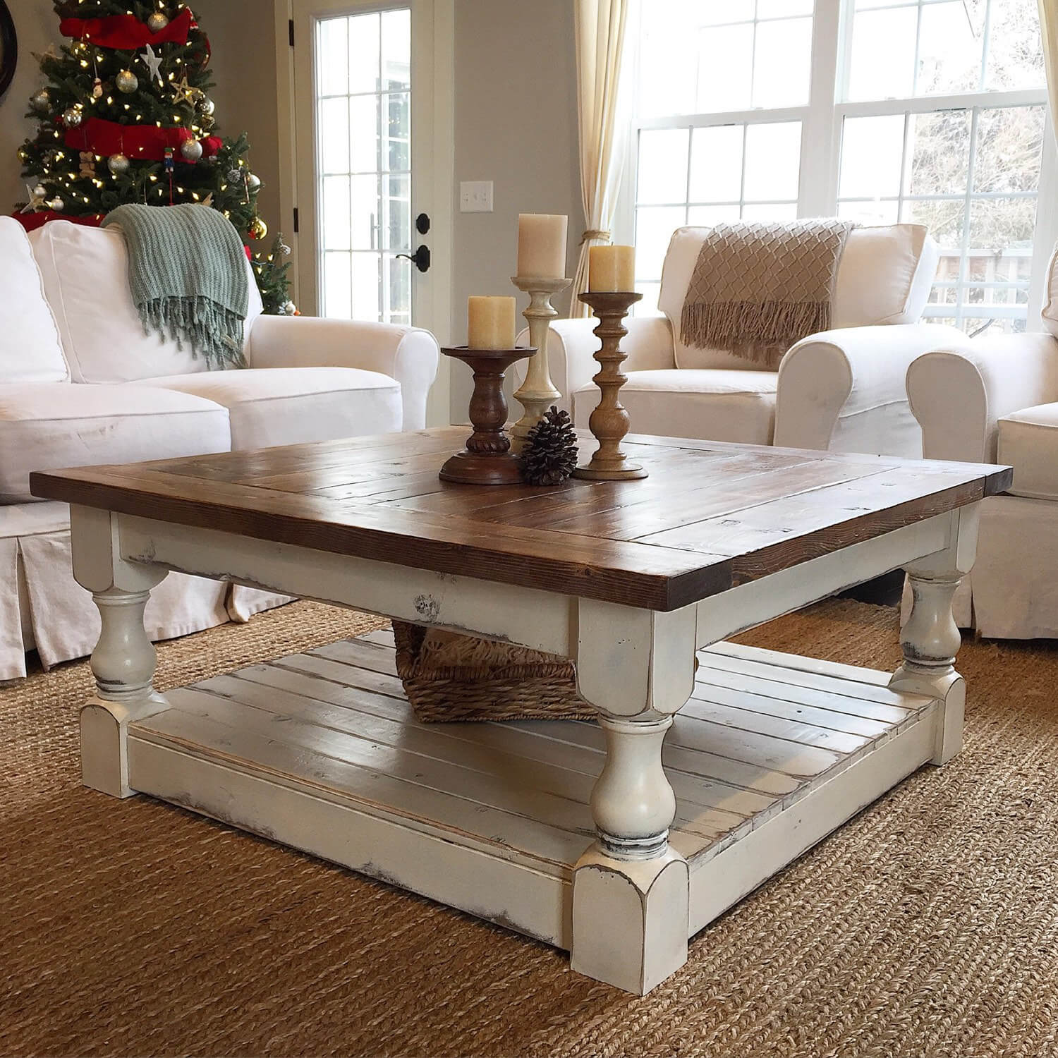 Elegant Solid Wood Topped Table with Turned Wood Candlesticks