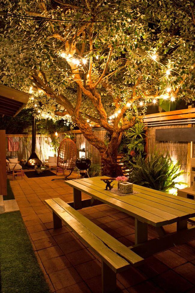 Outdoor Seating Under Tree String Lights